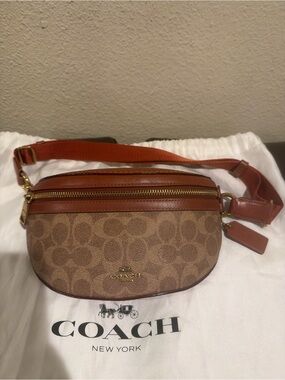 Coach Brown Signature Canvas Crossbody Belt Bag with Tan Leather Trim